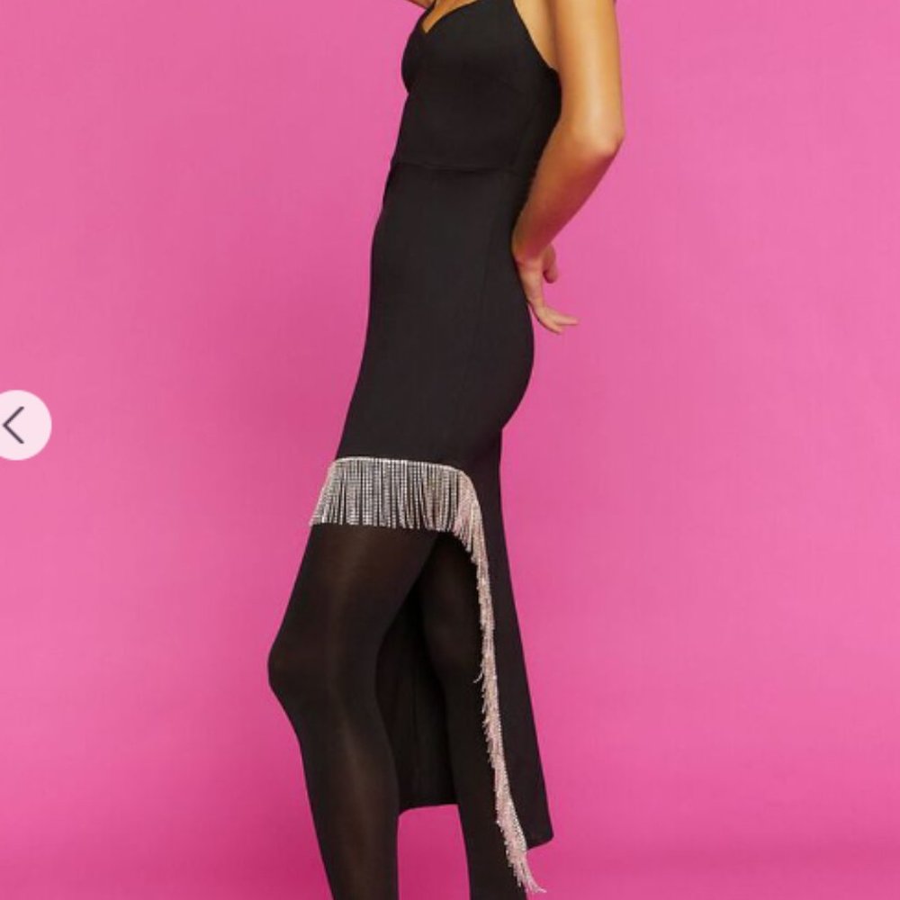 Asymmetrical Rhinestone Fringe Midi Dress